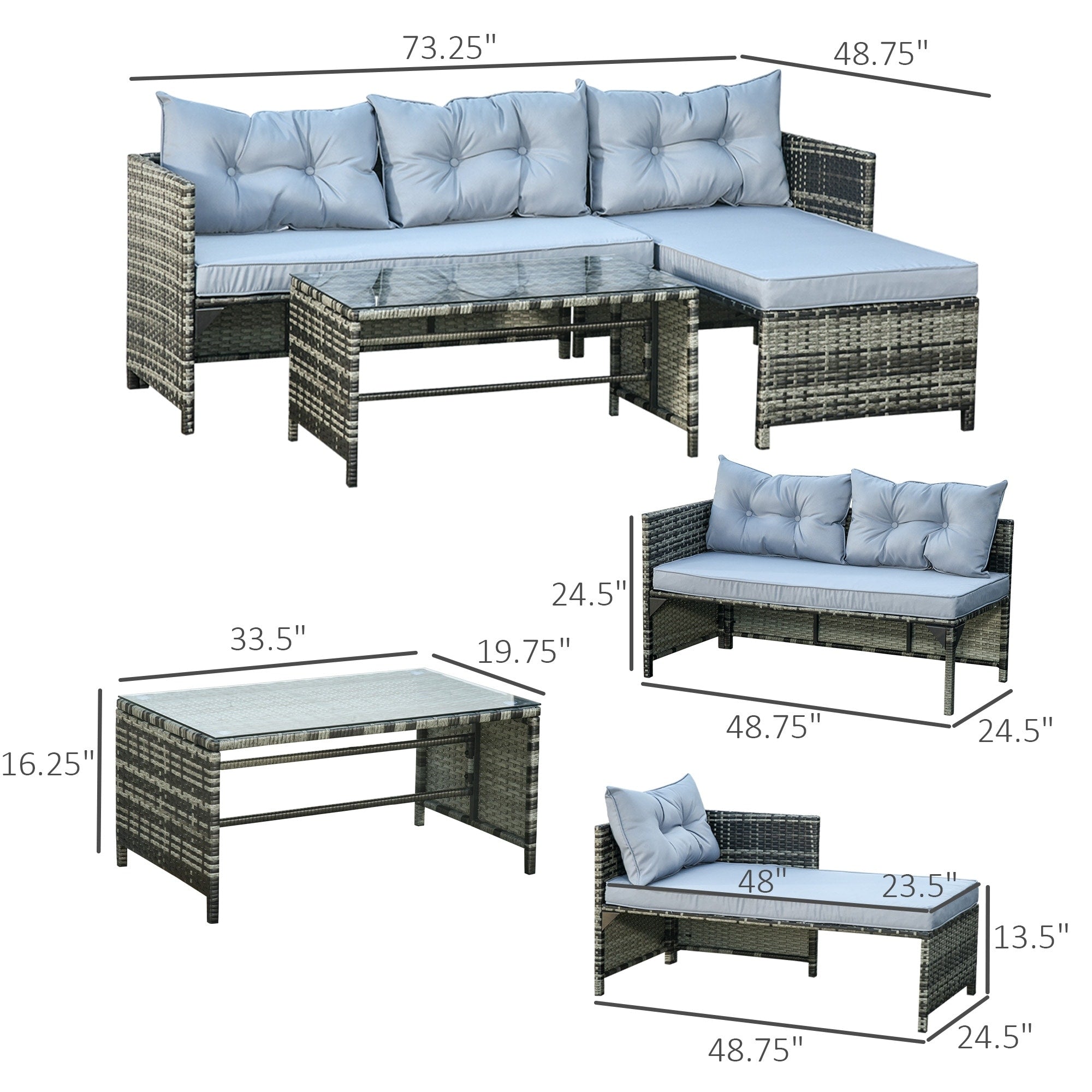 Ensemble de meubles de jardin Outsunny 3 pièces en osier, salon de jardin en rotin, canapé sectionnel avec chaise longue rembourrée