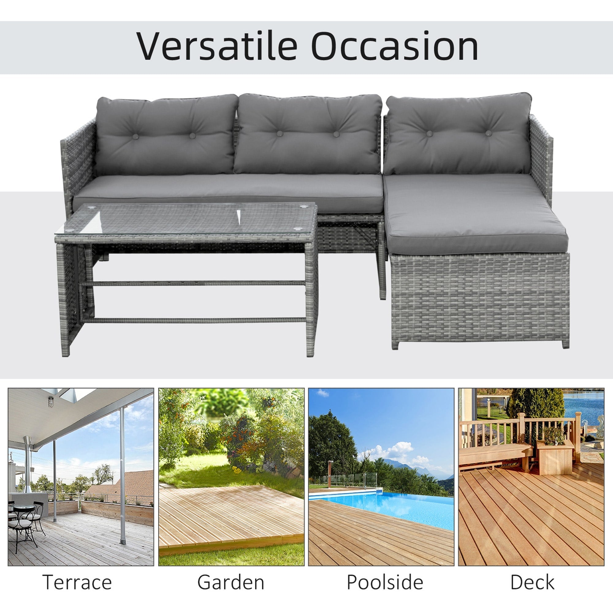 Ensemble de meubles de jardin Outsunny 3 pièces en osier, salon de jardin en rotin, canapé sectionnel avec chaise longue rembourrée