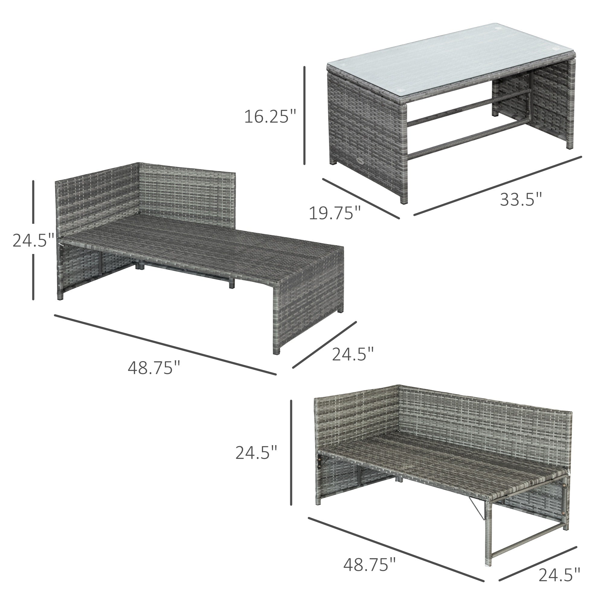 Ensemble de meubles de jardin Outsunny 3 pièces en osier, salon de jardin en rotin, canapé sectionnel avec chaise longue rembourrée