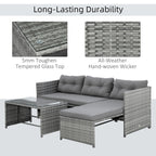Ensemble de meubles de jardin Outsunny 3 pièces en osier, salon de jardin en rotin, canapé sectionnel avec chaise longue rembourrée