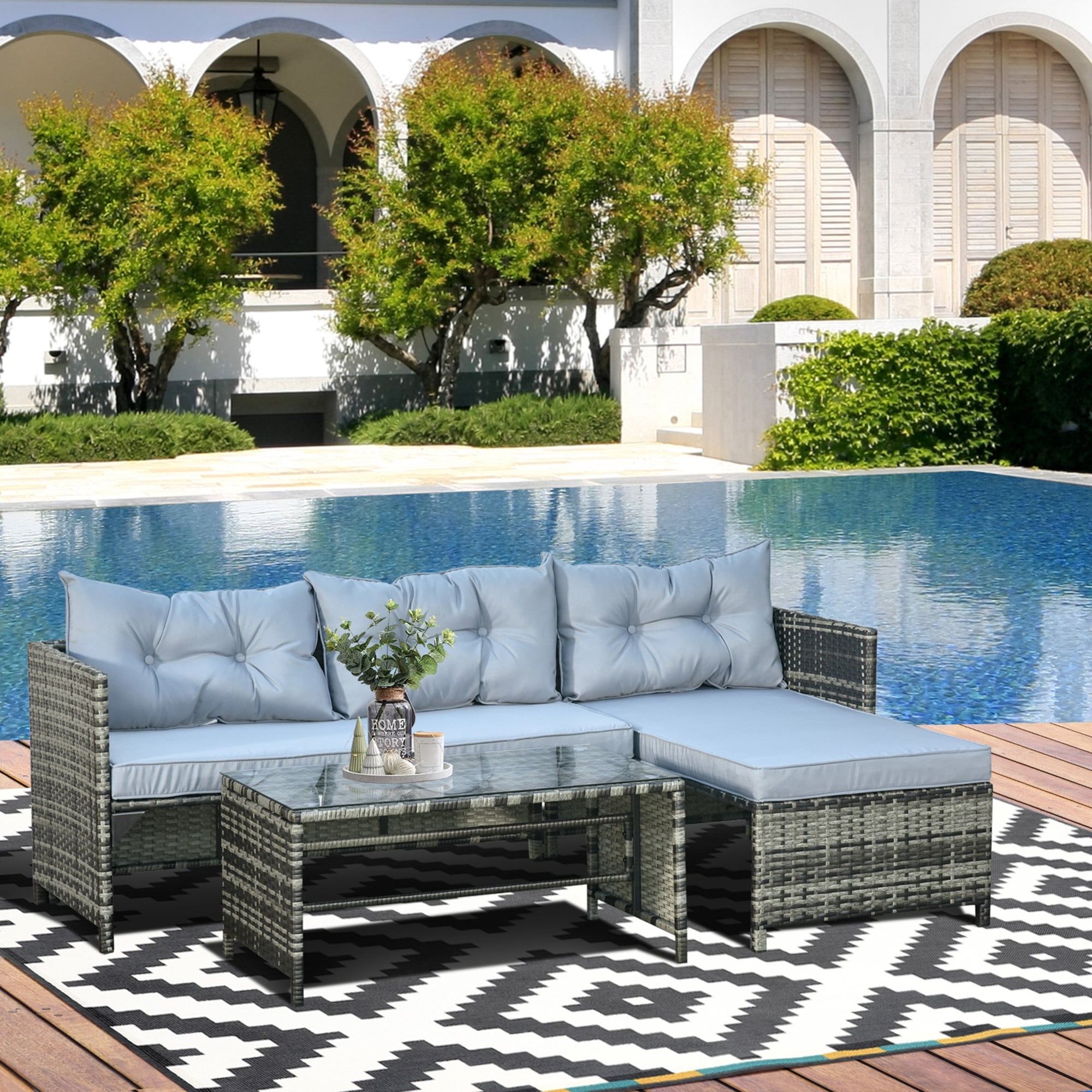 Ensemble de meubles de jardin Outsunny 3 pièces en osier, salon de jardin en rotin, canapé sectionnel avec chaise longue rembourrée