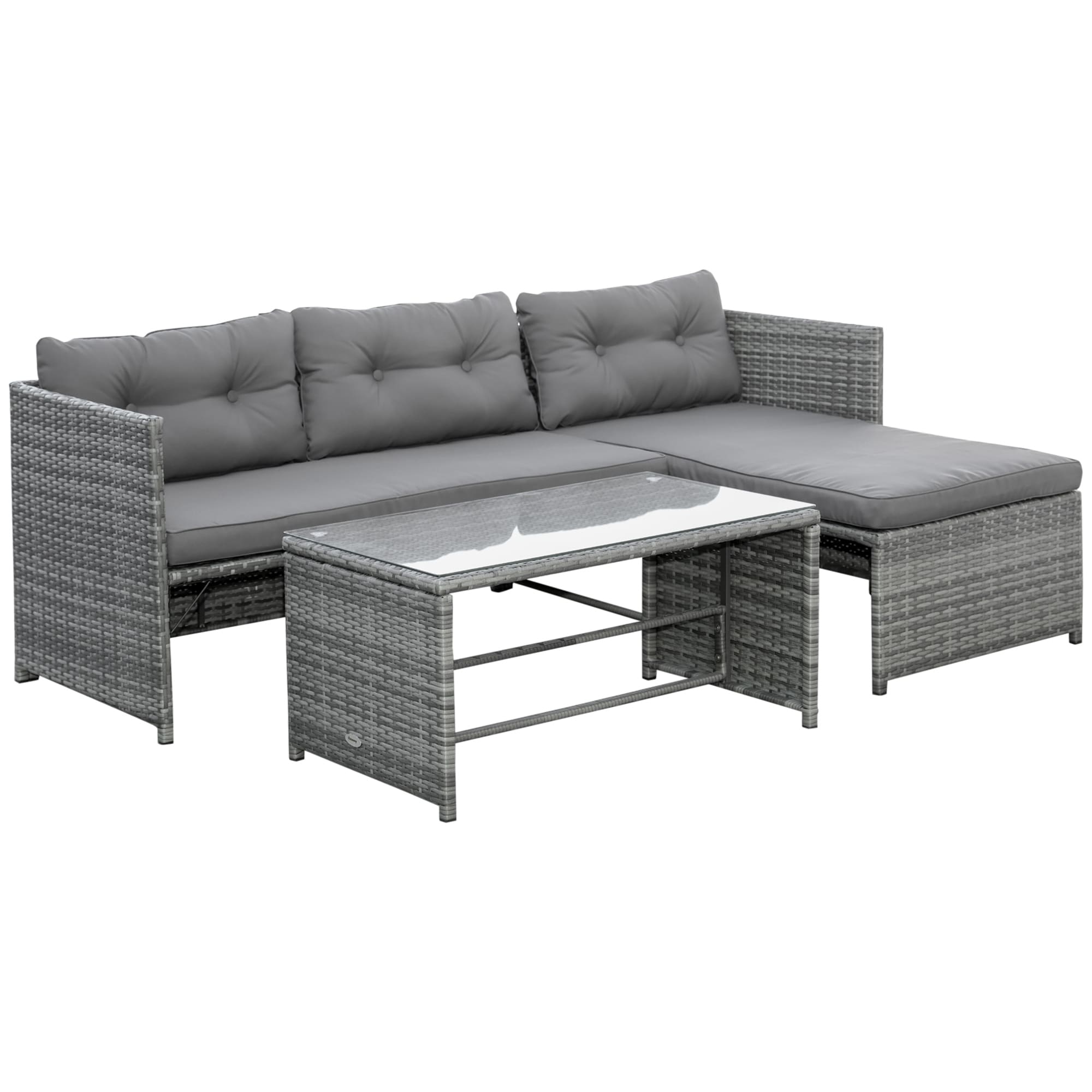 Ensemble de meubles de jardin Outsunny 3 pièces en osier, salon de jardin en rotin, canapé sectionnel avec chaise longue rembourrée