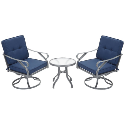 Ensemble bistrot pivotant d'extérieur Outsunny 3 pièces, 2 chaises à bascule et 1 table ronde en verre trempé avec coussin