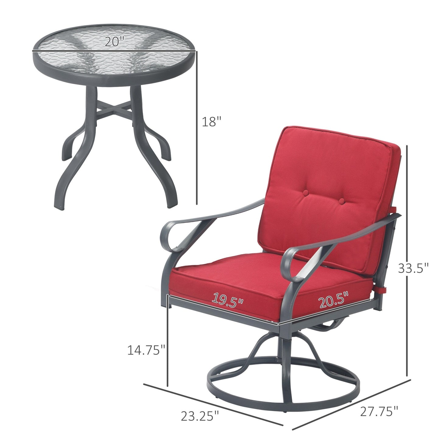 Ensemble bistrot pivotant d'extérieur Outsunny 3 pièces, 2 chaises à bascule et 1 table ronde en verre trempé avec coussin