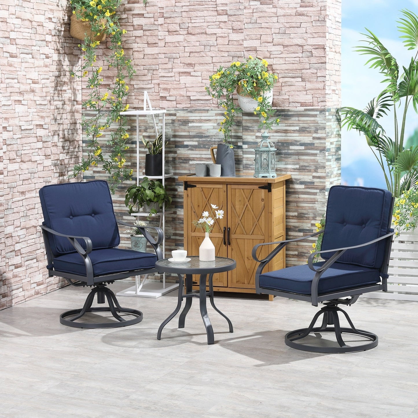 Ensemble bistrot pivotant d'extérieur Outsunny 3 pièces, 2 chaises à bascule et 1 table ronde en verre trempé avec coussin
