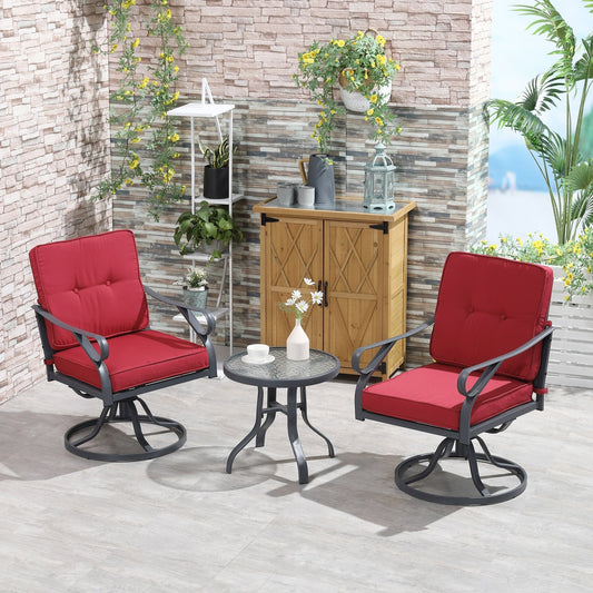 Ensemble bistrot pivotant d'extérieur Outsunny 3 pièces, 2 chaises à bascule et 1 table ronde en verre trempé avec coussin