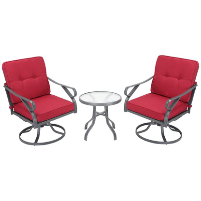 Ensemble bistrot pivotant d'extérieur Outsunny 3 pièces, 2 chaises à bascule et 1 table ronde en verre trempé avec coussin