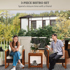 Outsunny Ensemble de bistrot 3 pièces en bois avec coussins, mobilier de jardin en osier PE pour porche, jardin, arrière-cour, marron