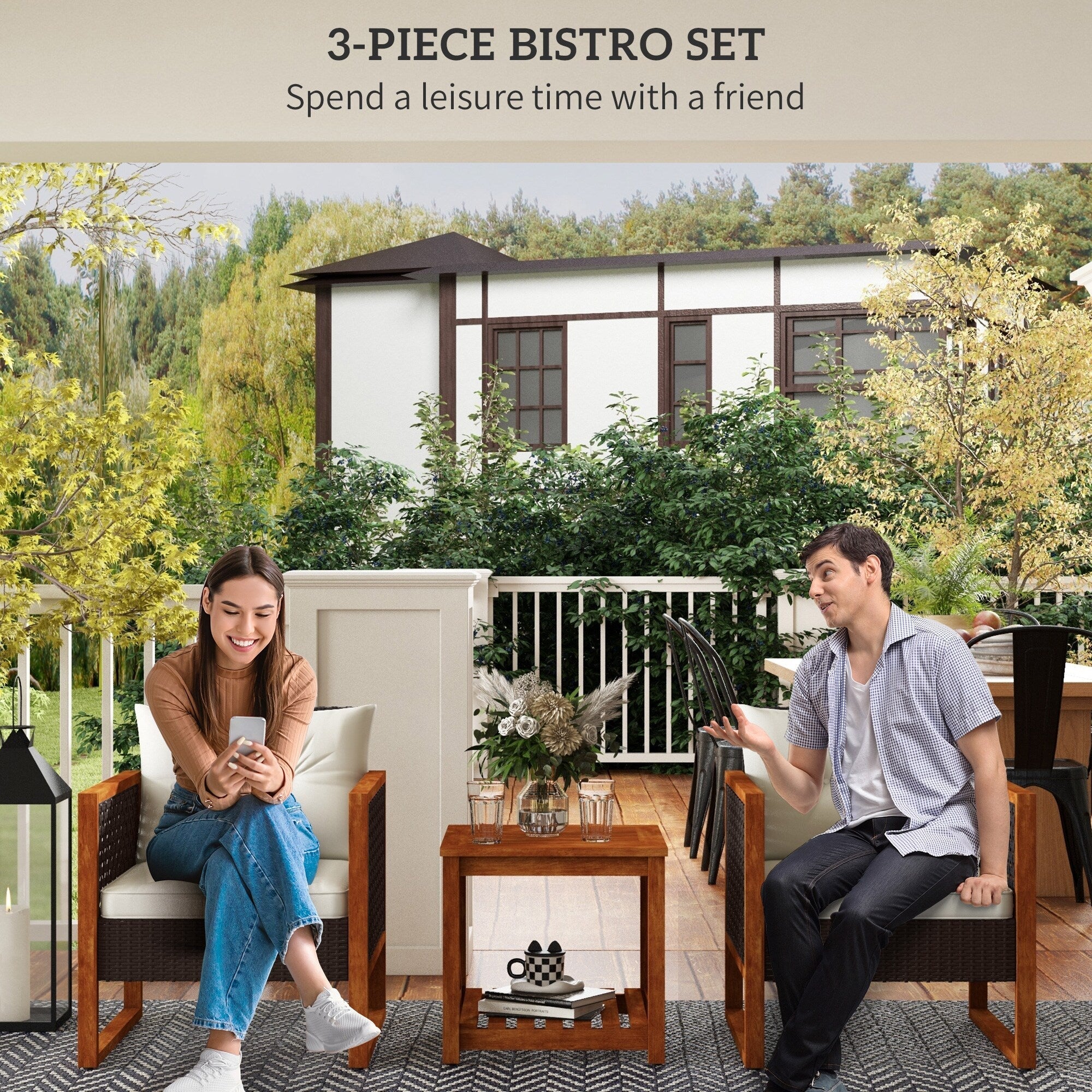 Outsunny Ensemble de bistrot 3 pièces en bois avec coussins, mobilier de jardin en osier PE pour porche, jardin, arrière-cour, marron