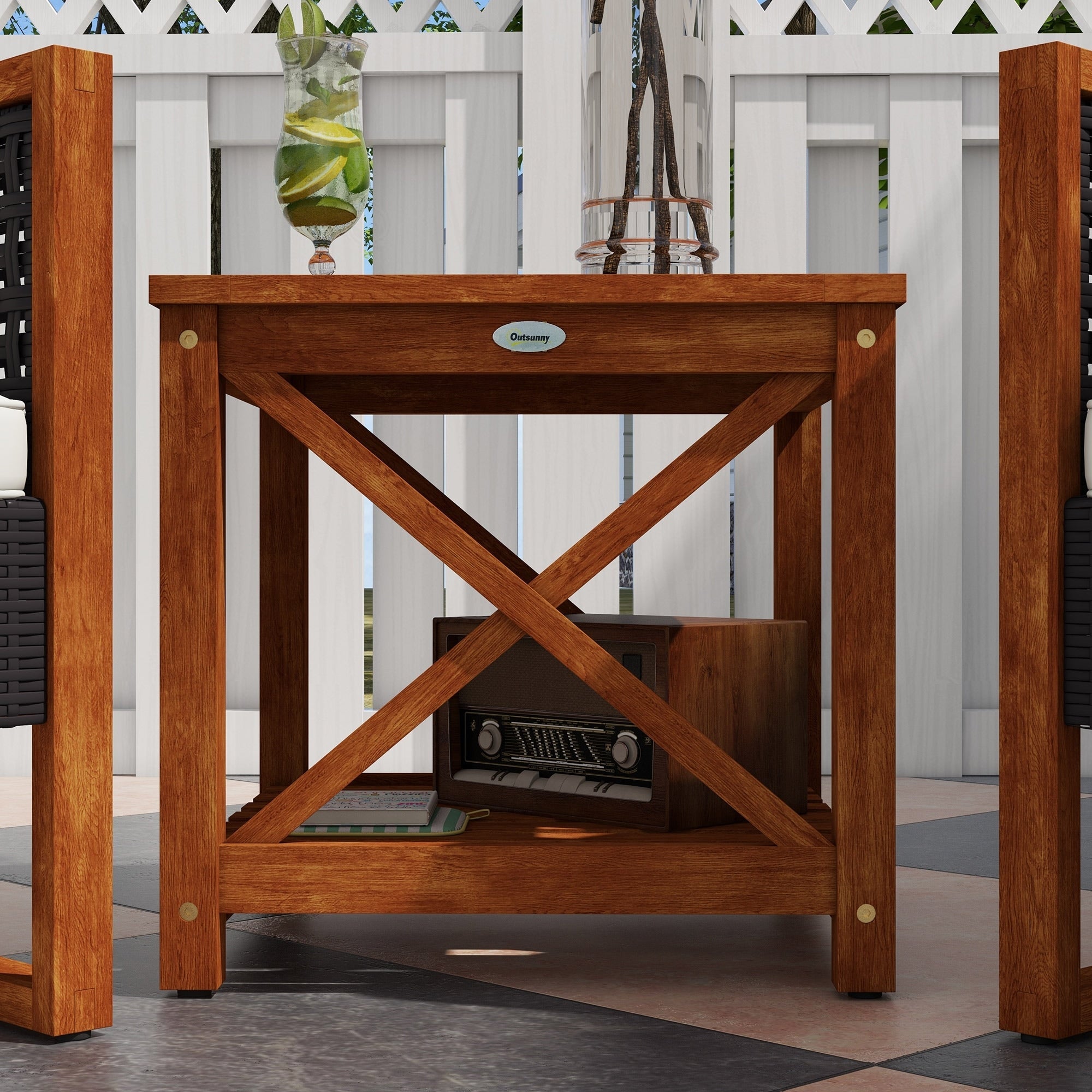 Outsunny Ensemble de bistrot 3 pièces en bois avec coussins, mobilier de jardin en osier PE pour porche, jardin, arrière-cour, marron
