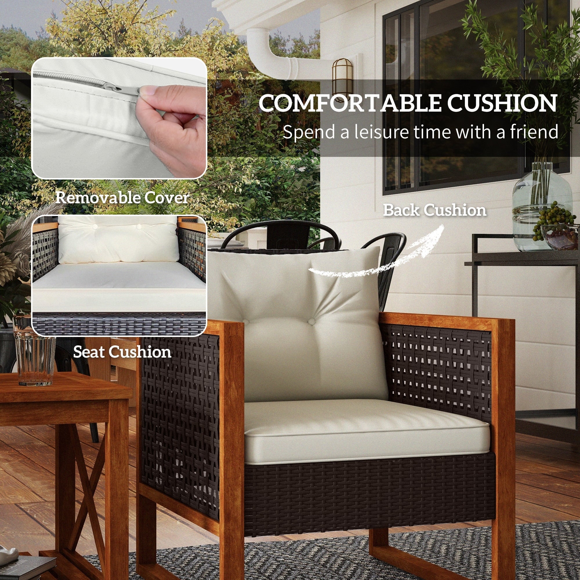 Outsunny Ensemble de bistrot 3 pièces en bois avec coussins, mobilier de jardin en osier PE pour porche, jardin, arrière-cour, marron