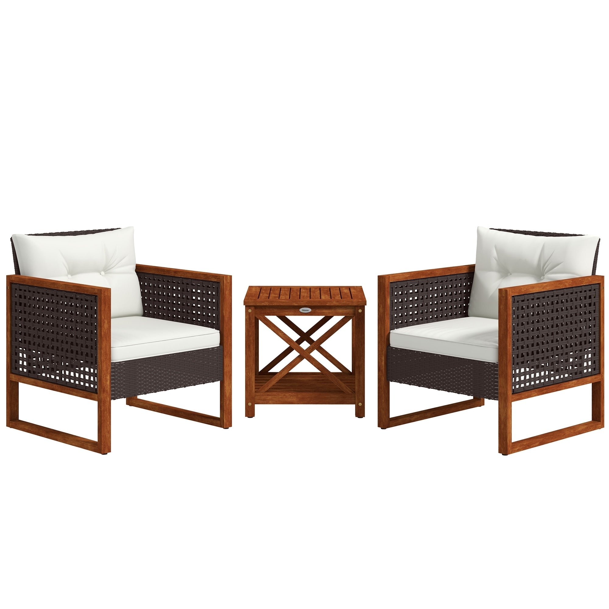 Outsunny Ensemble de bistrot 3 pièces en bois avec coussins, mobilier de jardin en osier PE pour porche, jardin, arrière-cour, marron