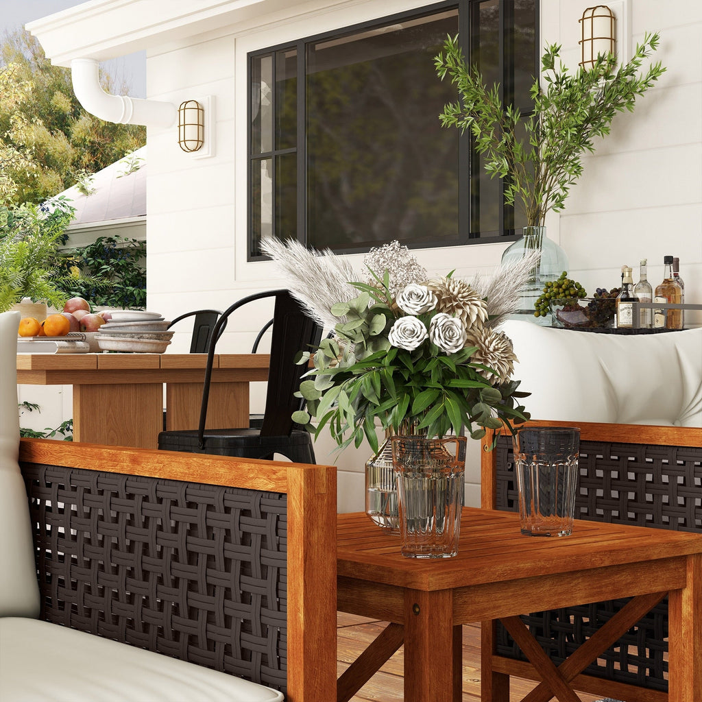 Outsunny Ensemble de bistrot 3 pièces en bois avec coussins, mobilier de jardin en osier PE pour porche, jardin, arrière-cour, marron