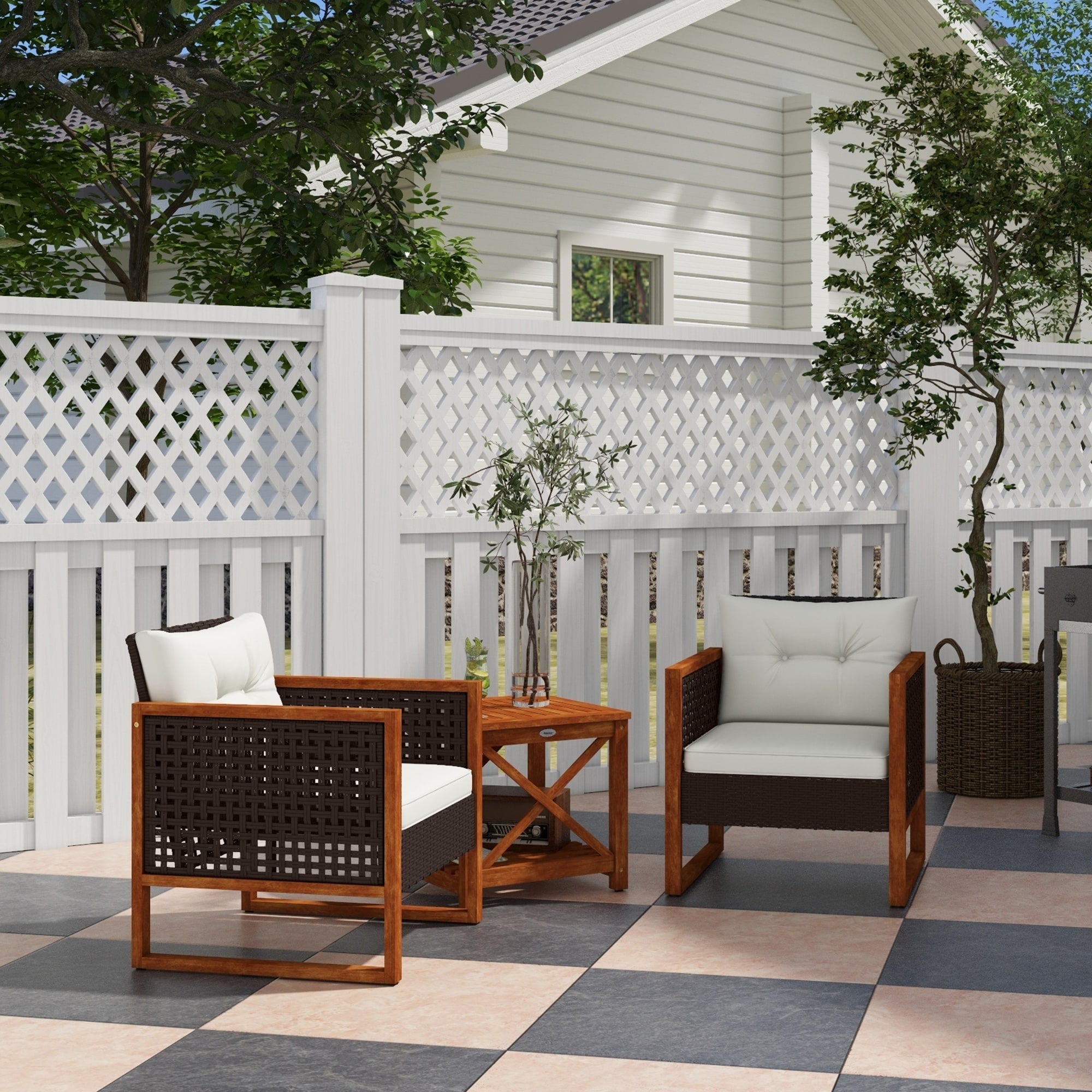 Outsunny Ensemble de bistrot 3 pièces en bois avec coussins, mobilier de jardin en osier PE pour porche, jardin, arrière-cour, marron