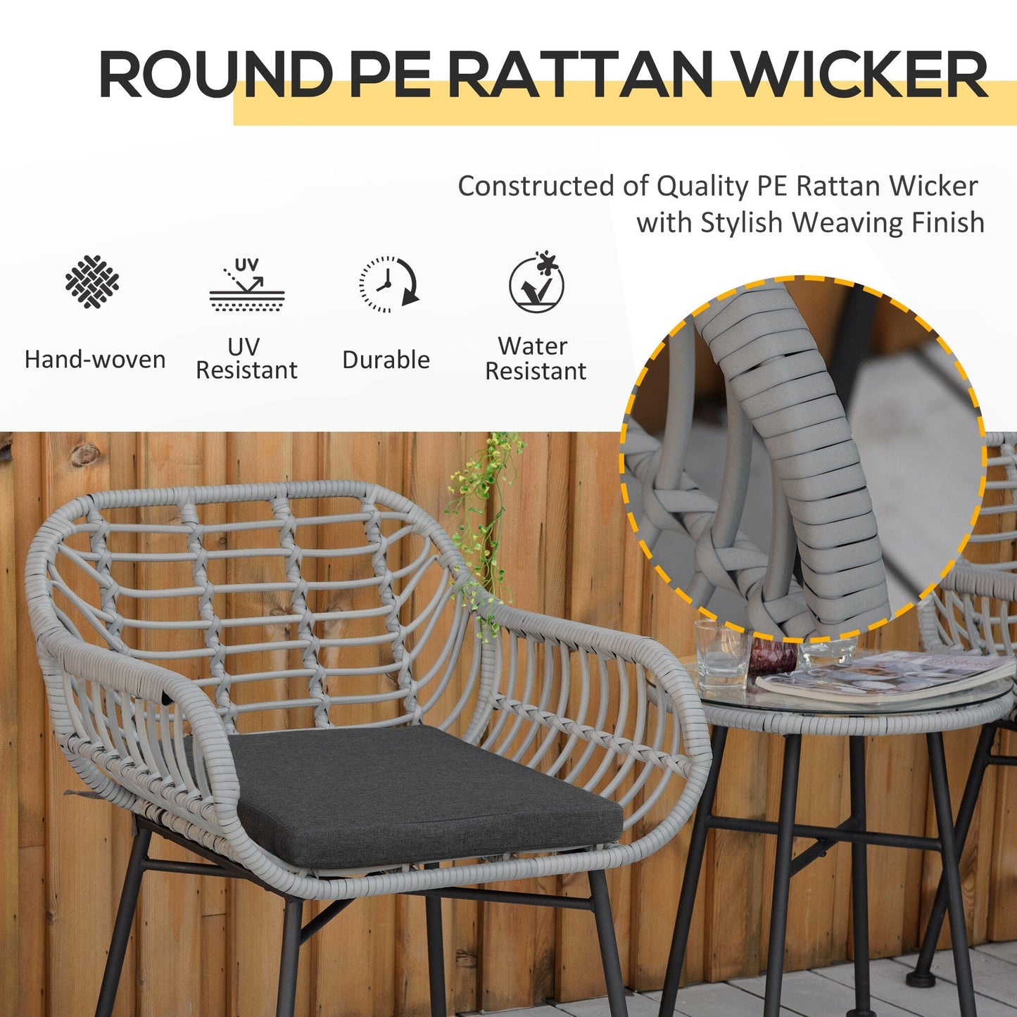Ensemble bistrot Outsunny 3 pièces en rotin synthétique pour patio, salon de jardin rond en osier tressé, ensemble de meubles de conversation