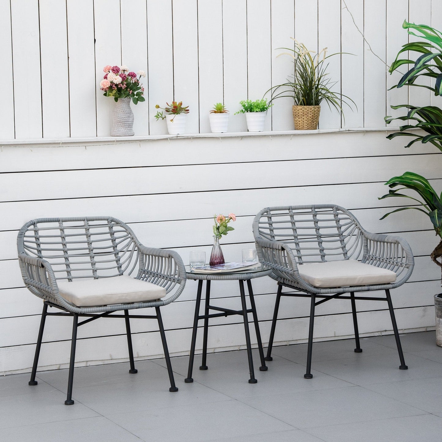 Ensemble bistrot Outsunny 3 pièces en rotin synthétique pour patio, salon de jardin rond en osier tressé, ensemble de meubles de conversation