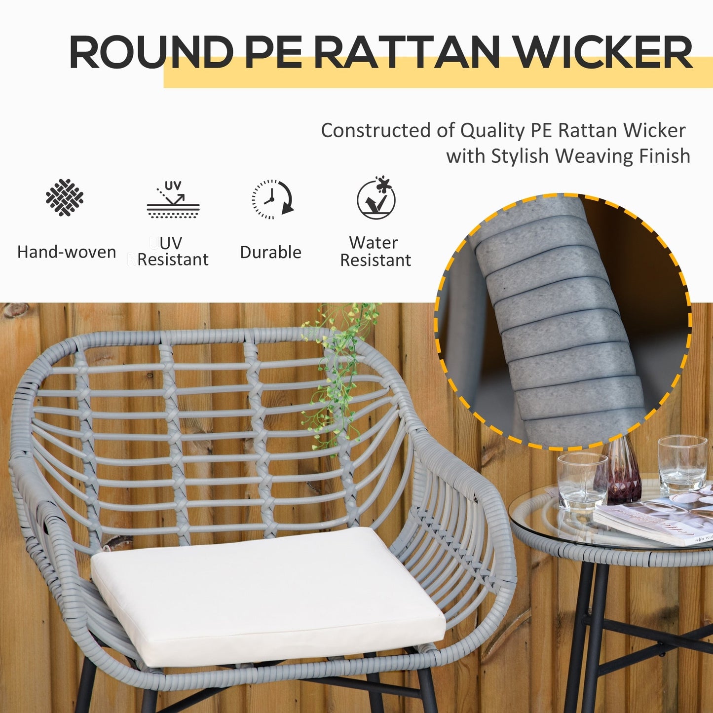 Ensemble bistrot Outsunny 3 pièces en rotin synthétique pour patio, salon de jardin rond en osier tressé, ensemble de meubles de conversation