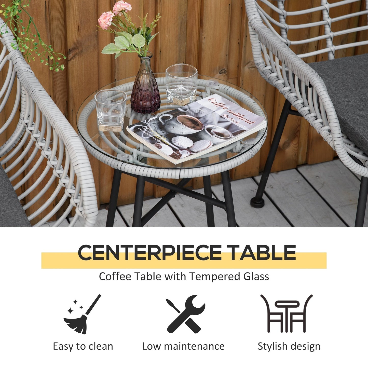Ensemble bistrot Outsunny 3 pièces en rotin synthétique pour patio, salon de jardin rond en osier tressé, ensemble de meubles de conversation