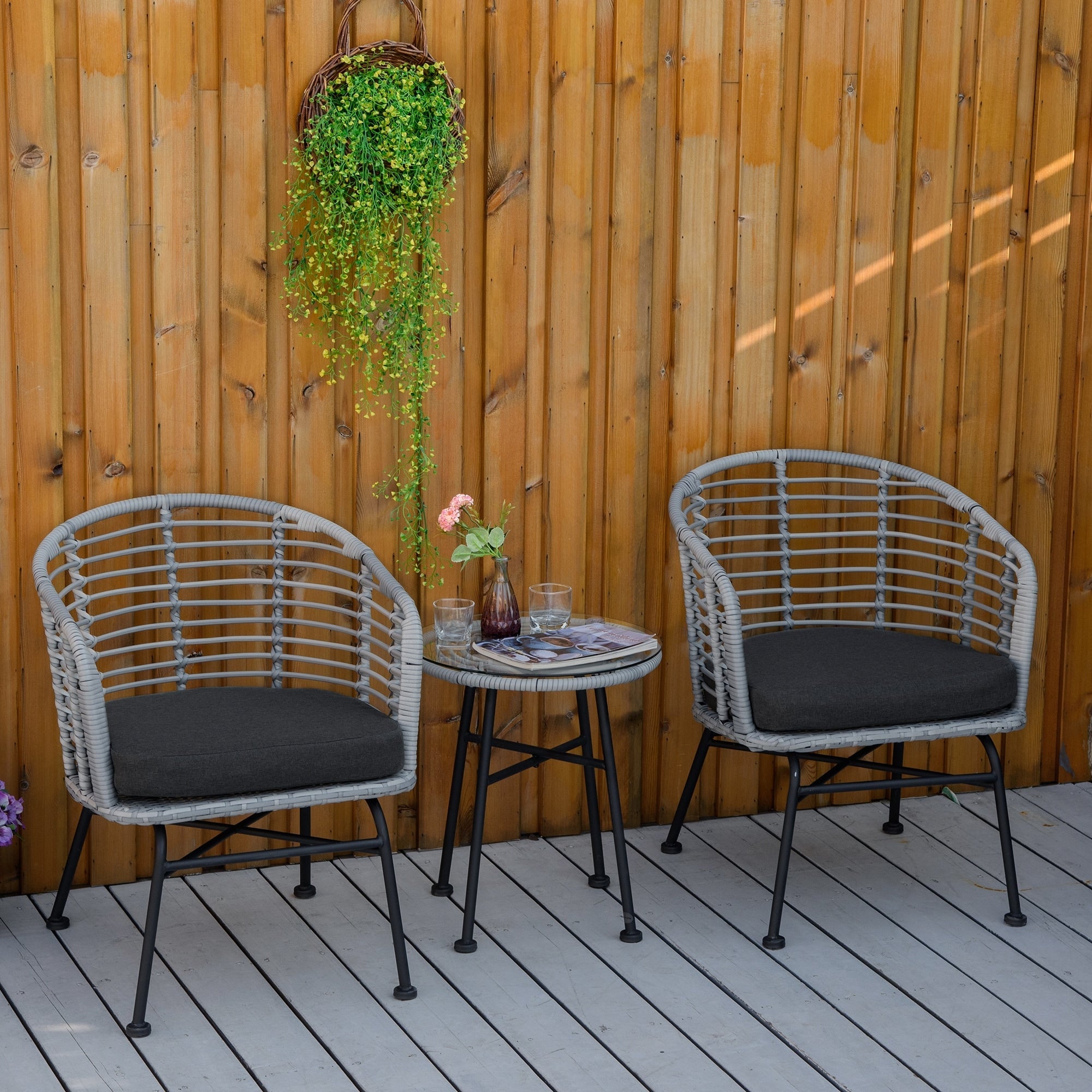 Outsunny Ensemble de bistrot 3 pièces en rotin synthétique pour patio, salon de jardin en osier, 2 chaises et 1 table basse