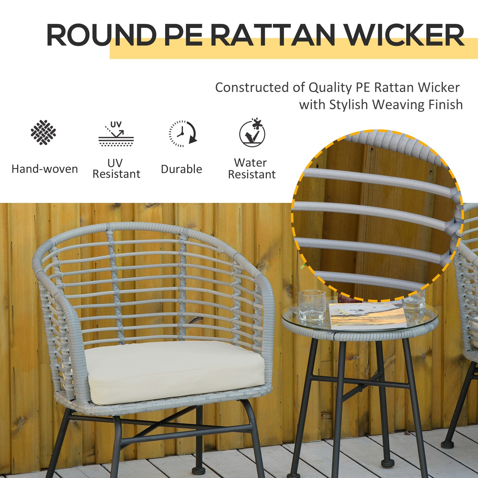Outsunny Ensemble de bistrot 3 pièces en rotin synthétique pour patio, salon de jardin en osier, 2 chaises et 1 table basse