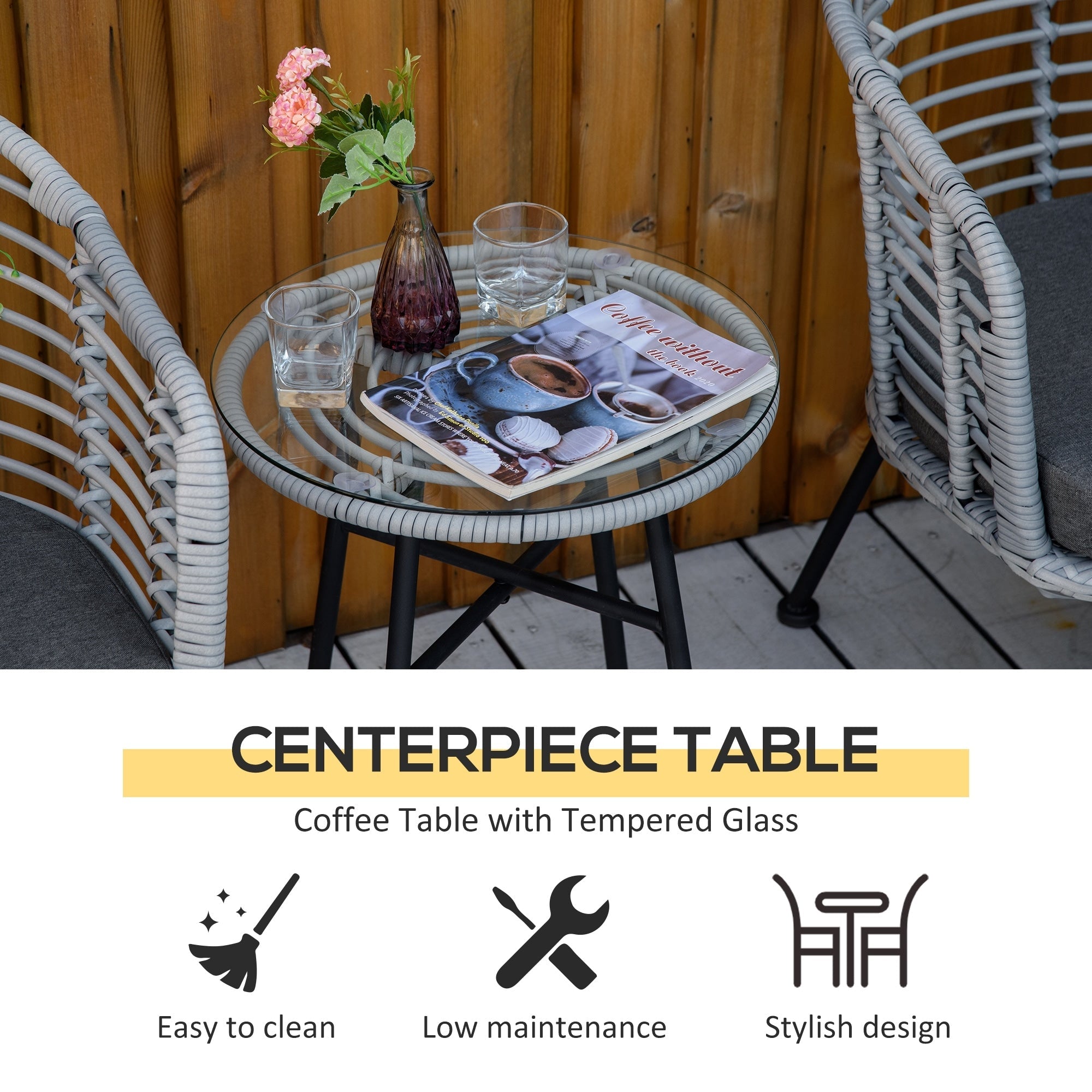 Outsunny Ensemble de bistrot 3 pièces en rotin synthétique pour patio, salon de jardin en osier, 2 chaises et 1 table basse