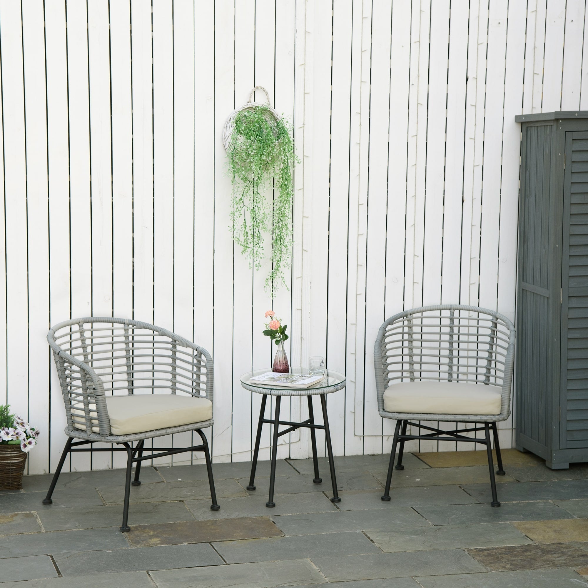 Outsunny Ensemble de bistrot 3 pièces en rotin synthétique pour patio, salon de jardin en osier, 2 chaises et 1 table basse