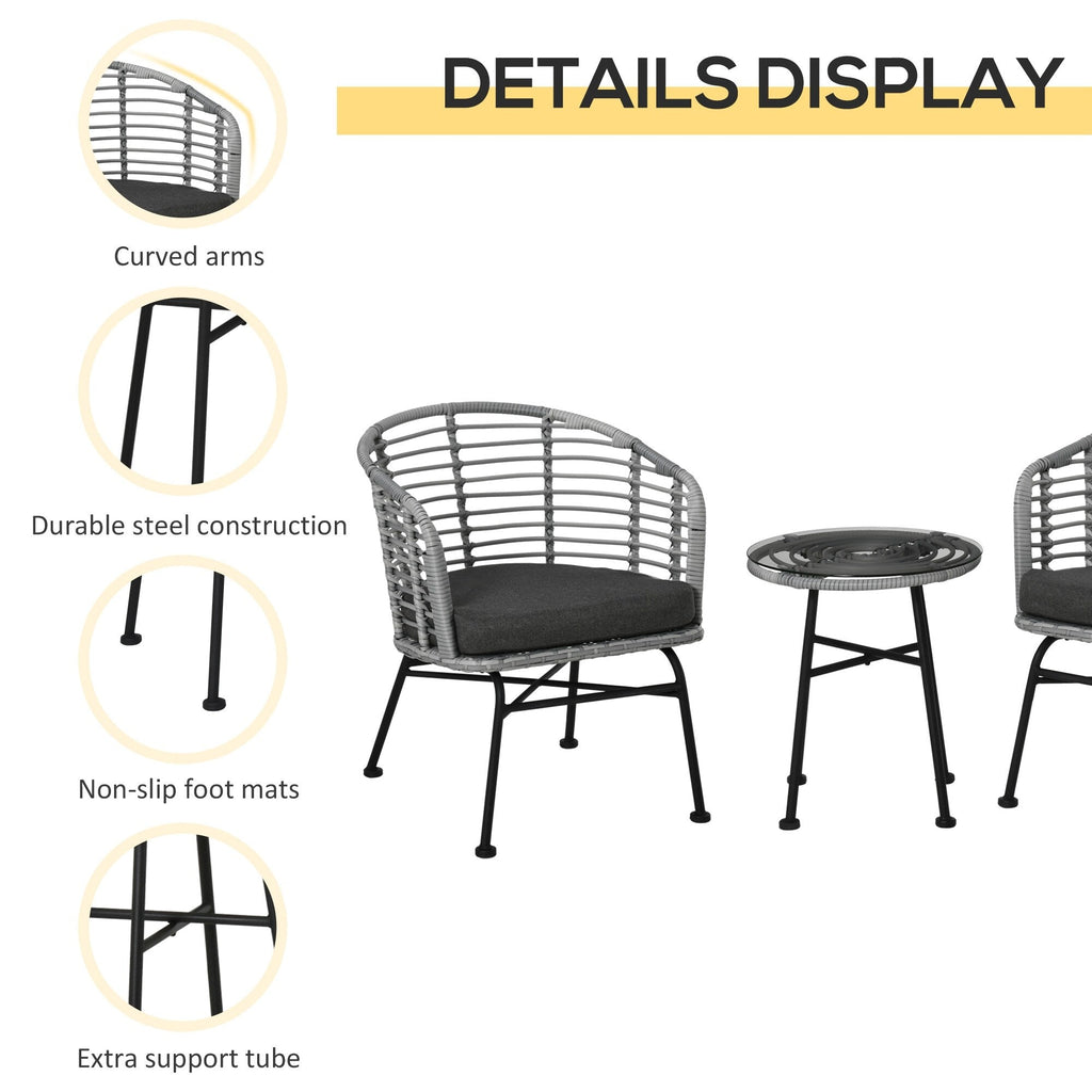 Outsunny Ensemble de bistrot 3 pièces en rotin synthétique pour patio, salon de jardin en osier, 2 chaises et 1 table basse