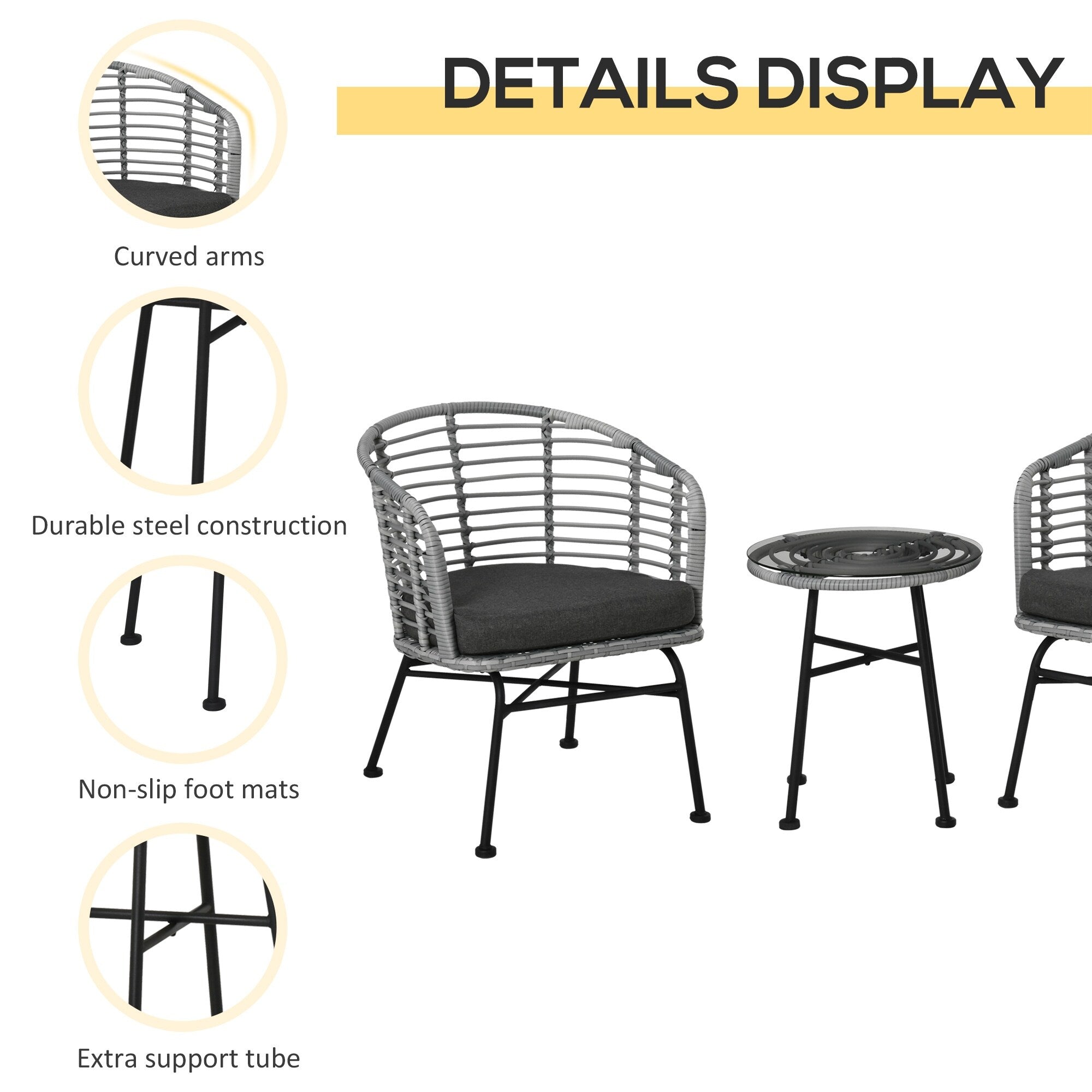 Outsunny Ensemble de bistrot 3 pièces en rotin synthétique pour patio, salon de jardin en osier, 2 chaises et 1 table basse