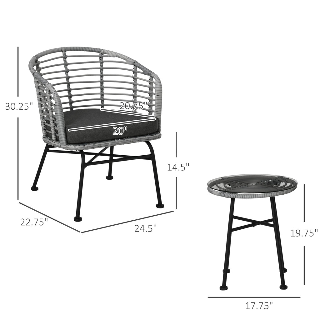 Outsunny Ensemble de bistrot 3 pièces en rotin synthétique pour patio, salon de jardin en osier, 2 chaises et 1 table basse