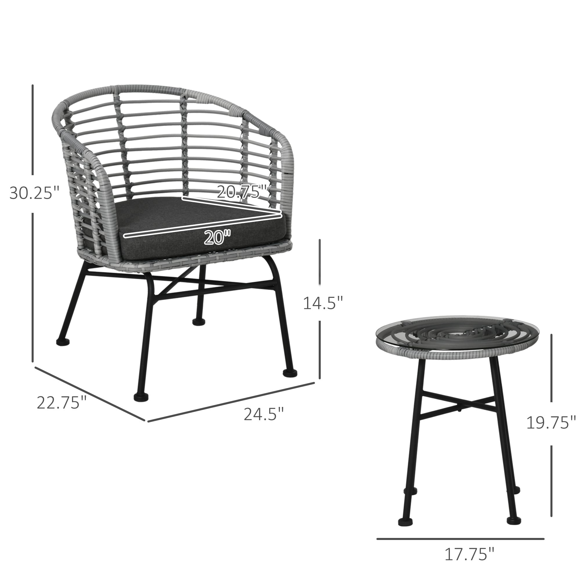 Outsunny Ensemble de bistrot 3 pièces en rotin synthétique pour patio, salon de jardin en osier, 2 chaises et 1 table basse