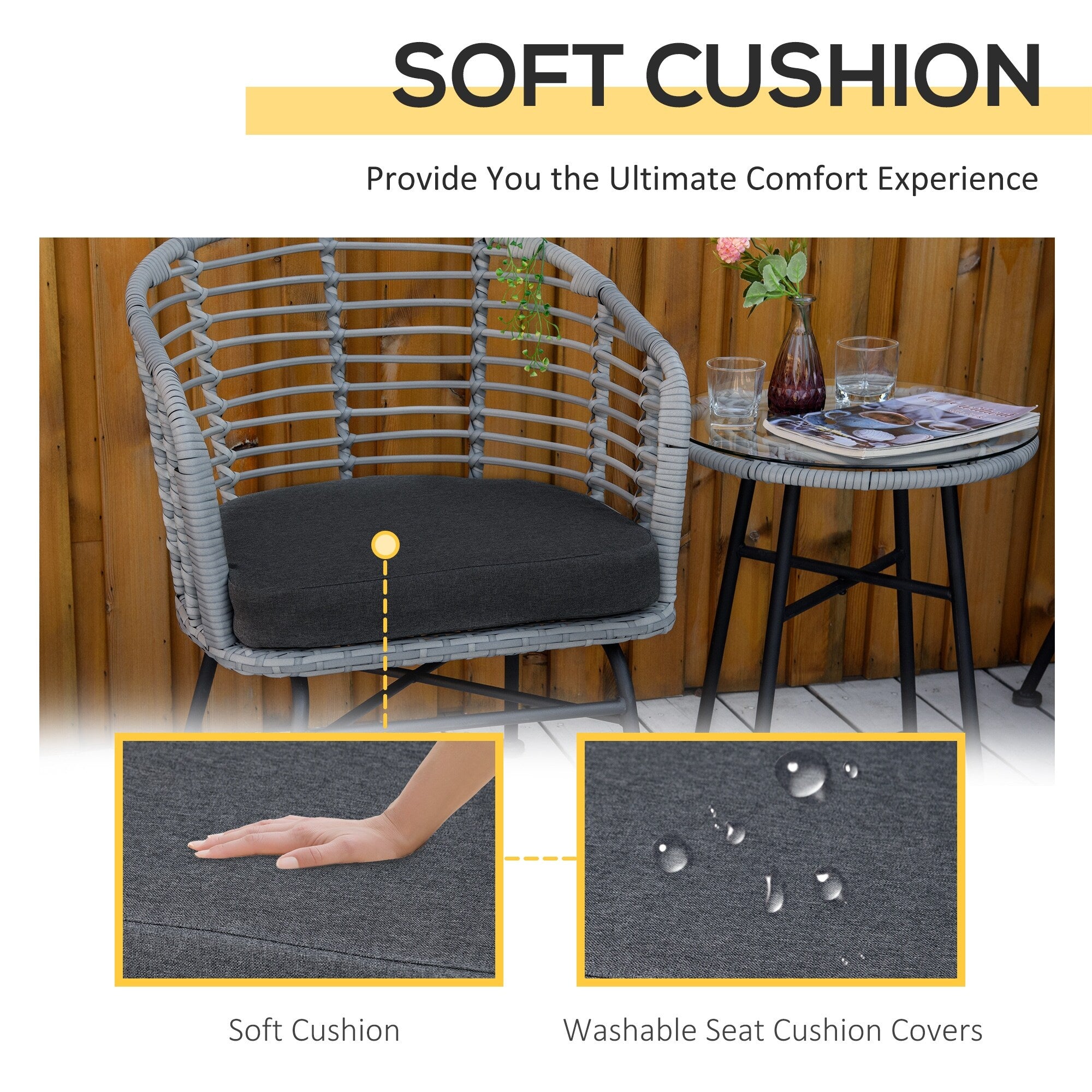 Outsunny Ensemble de bistrot 3 pièces en rotin synthétique pour patio, salon de jardin en osier, 2 chaises et 1 table basse