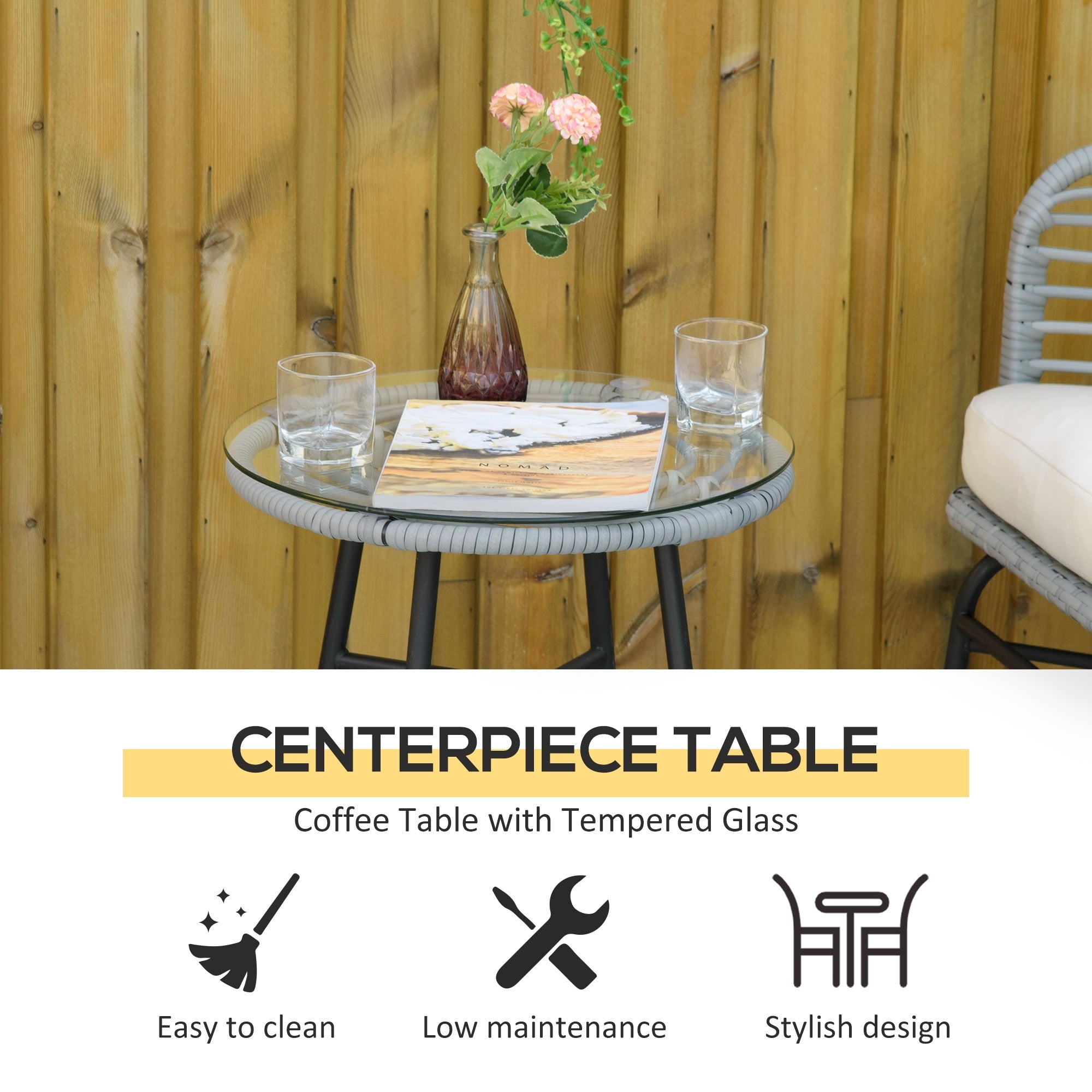 Outsunny Ensemble de bistrot 3 pièces en rotin synthétique pour patio, salon de jardin en osier, 2 chaises et 1 table basse