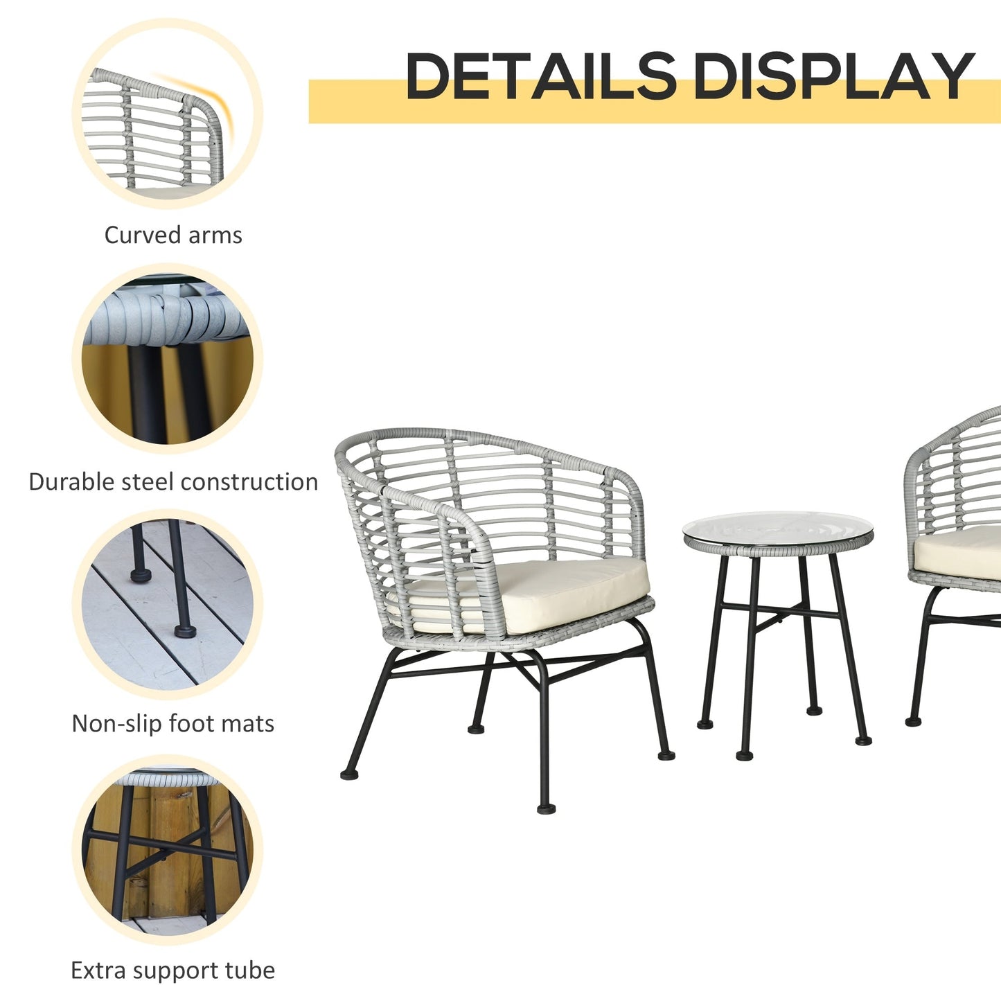 Outsunny Ensemble de bistrot 3 pièces en rotin synthétique pour patio, salon de jardin en osier, 2 chaises et 1 table basse
