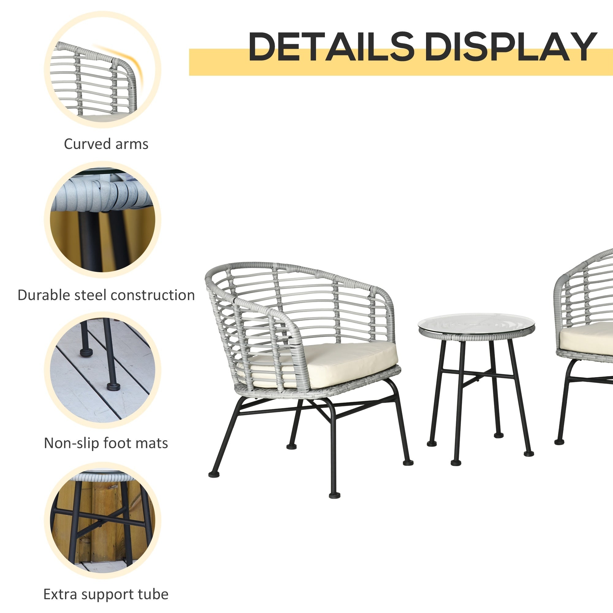 Outsunny Ensemble de bistrot 3 pièces en rotin synthétique pour patio, salon de jardin en osier, 2 chaises et 1 table basse