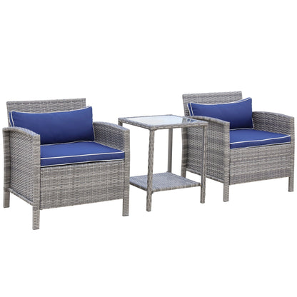 Outsunny Ensemble bistrot 3 pièces en rotin et osier avec coussins moelleux, salon de jardin avec table basse et étagère de rangement en verre
