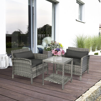 Outsunny Ensemble bistrot 3 pièces en rotin et osier avec coussins moelleux, salon de jardin avec table basse et étagère de rangement en verre