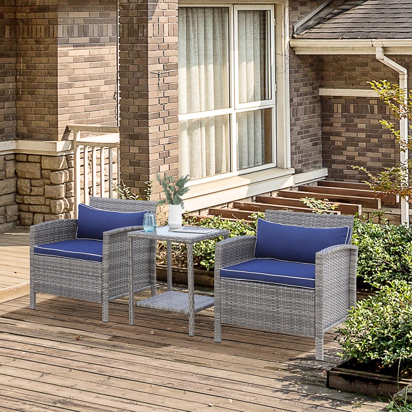 Outsunny Ensemble bistrot 3 pièces en rotin et osier avec coussins moelleux, salon de jardin avec table basse et étagère de rangement en verre