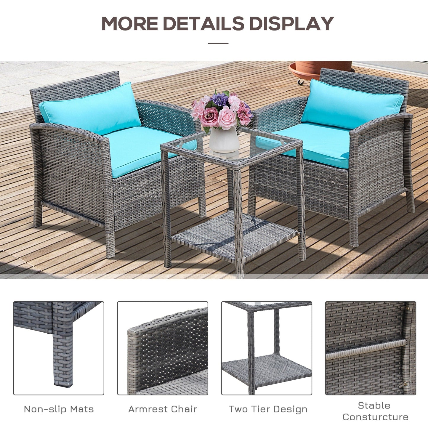 Outsunny Ensemble bistrot 3 pièces en rotin et osier avec coussins moelleux, salon de jardin avec table basse et étagère de rangement en verre