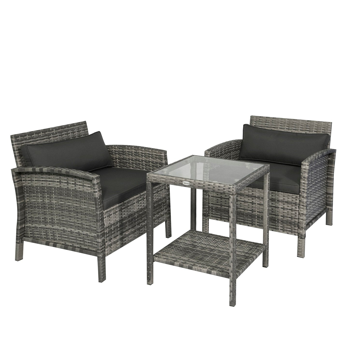 Outsunny Ensemble bistrot 3 pièces en rotin et osier avec coussins moelleux, salon de jardin avec table basse et étagère de rangement en verre