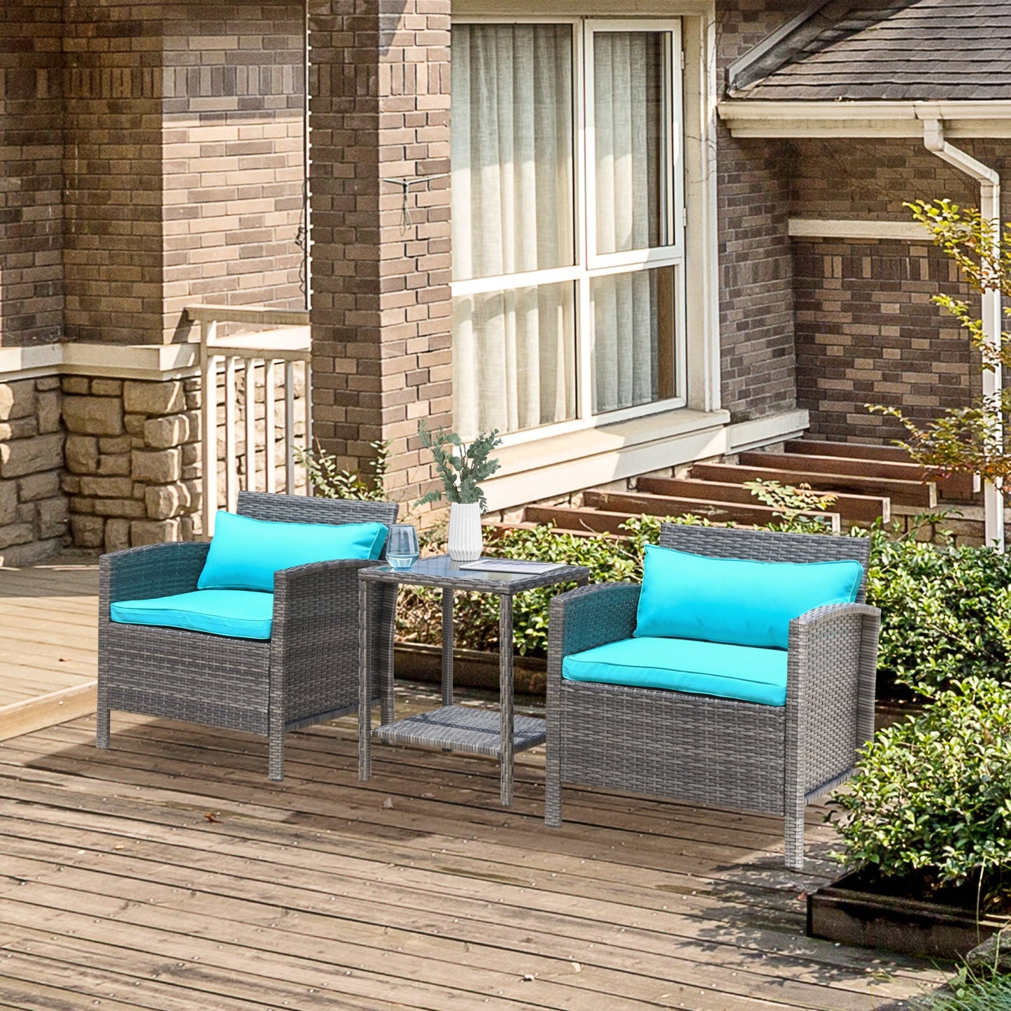 Outsunny Ensemble bistrot 3 pièces en rotin et osier avec coussins moelleux, salon de jardin avec table basse et étagère de rangement en verre