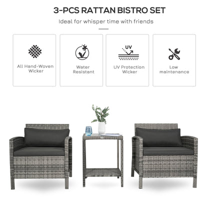 Outsunny Ensemble bistrot 3 pièces en rotin et osier avec coussins moelleux, salon de jardin avec table basse et étagère de rangement en verre