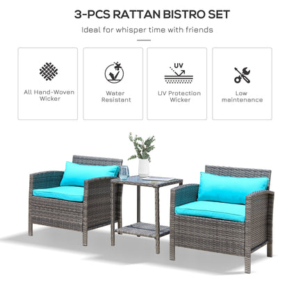 Outsunny Ensemble bistrot 3 pièces en rotin et osier avec coussins moelleux, salon de jardin avec table basse et étagère de rangement en verre