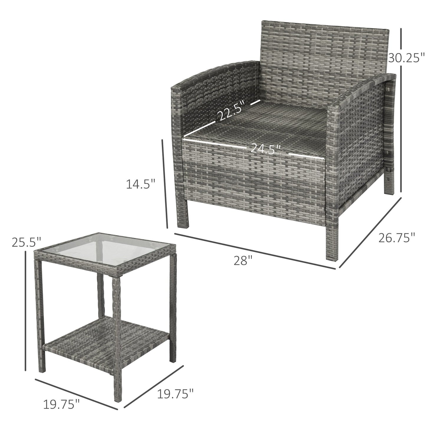 Outsunny Ensemble bistrot 3 pièces en rotin et osier avec coussins moelleux, salon de jardin avec table basse et étagère de rangement en verre