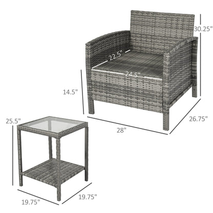 Outsunny Ensemble bistrot 3 pièces en rotin et osier avec coussins moelleux, salon de jardin avec table basse et étagère de rangement en verre