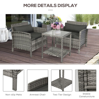 Outsunny Ensemble bistrot 3 pièces en rotin et osier avec coussins moelleux, salon de jardin avec table basse et étagère de rangement en verre