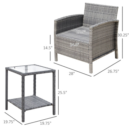Outsunny Ensemble bistrot 3 pièces en rotin et osier avec coussins moelleux, salon de jardin avec table basse et étagère de rangement en verre
