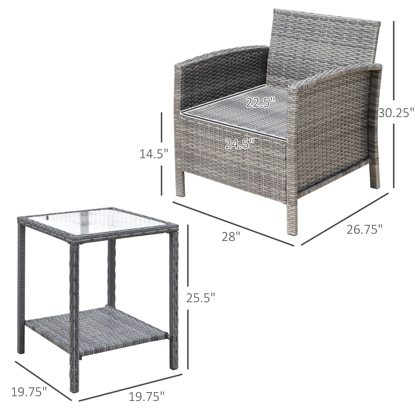Outsunny Ensemble bistrot 3 pièces en rotin et osier avec coussins moelleux, salon de jardin avec table basse et étagère de rangement en verre