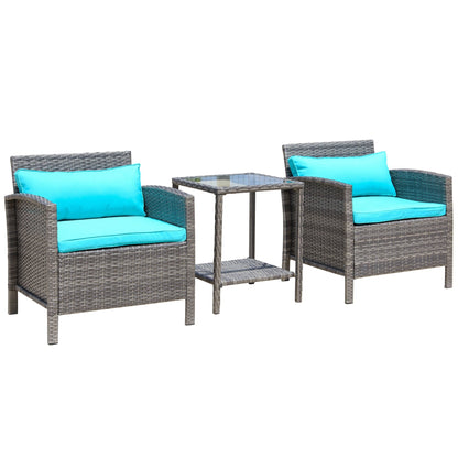 Outsunny Ensemble bistrot 3 pièces en rotin et osier avec coussins moelleux, salon de jardin avec table basse et étagère de rangement en verre