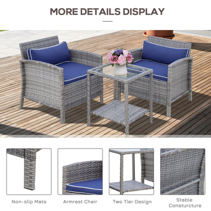 Outsunny Ensemble bistrot 3 pièces en rotin et osier avec coussins moelleux, salon de jardin avec table basse et étagère de rangement en verre