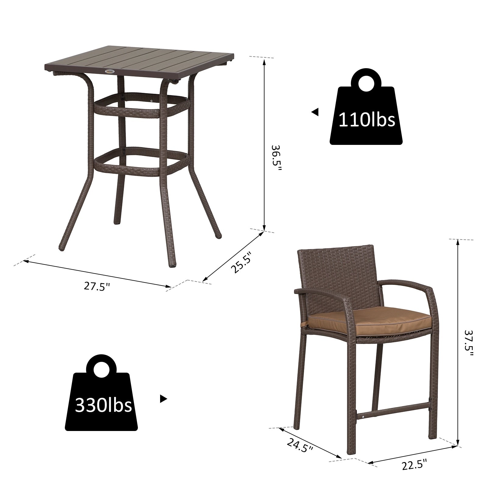 Ensemble de bar et table de conversation d'extérieur en rotin PE Outsunny 3 pièces